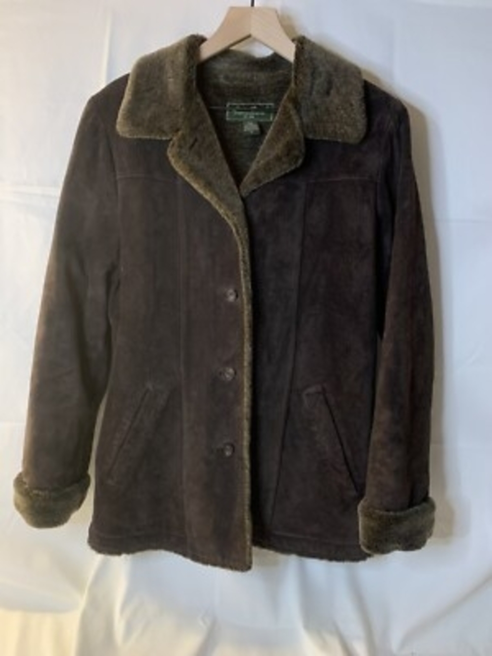 Eddie Bauer Dark Brown Suede Shearling-Trim Jacket
